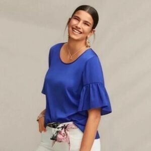 CAbi #5526 Rhyme Saphire Blue Short Bell Sleeve Silky Keyhole Back Top  ** SZ M